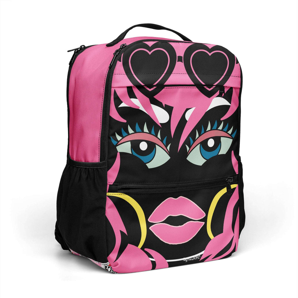 Tag Tees NYC Pink Diva laptop backpack with bold pink/black artwork, roomy compartments and secure laptop pocket.